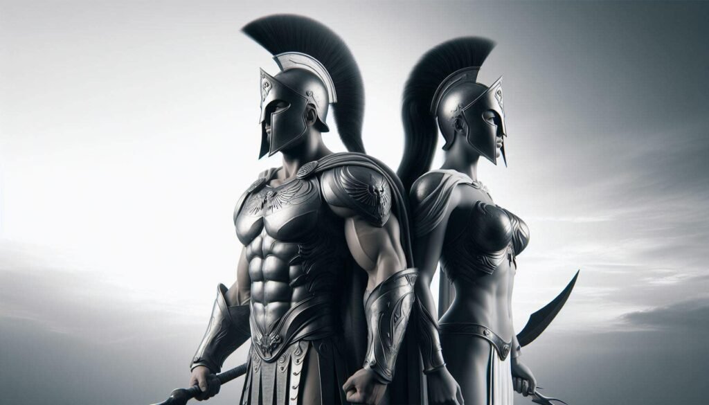 The image depicts a male Spartan and a female Spartan, standing back to back. They both wear armor, and their stances exude strength and determination. The male Spartan holds a sword, while the female Spartan wields a shield. The background suggests a battlefield, with hints of smoke and dust. Overall, it portrays a sense of warrior camaraderie and readiness for combat.