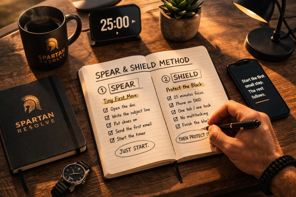 Minimal desk setup showing a tiny first step to beat overthinking