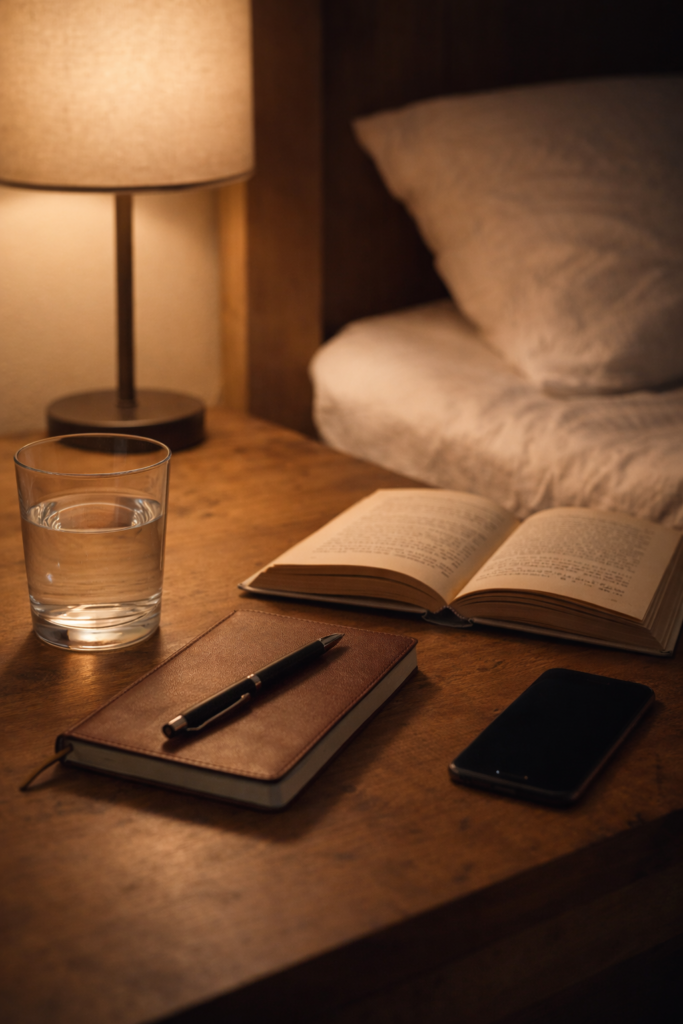 Simple night time routine setup with journal, water, and phone away from the bed