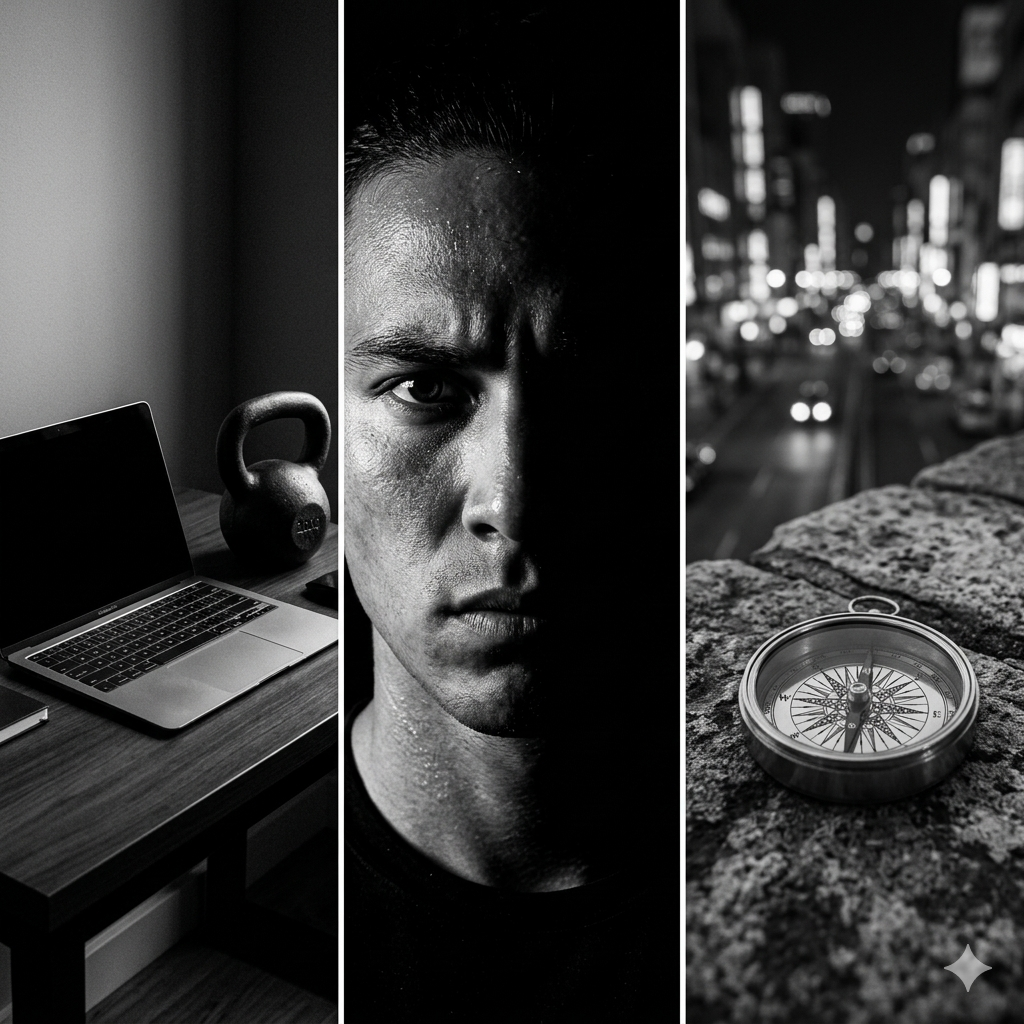 A three-panel black and white photograph for Spartan Resolve Coaching, illustrating a transformation journey from professional stress to focus and direction.