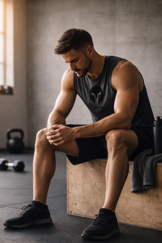 Strong and calm athlete recovering after training in a minimal gym setting